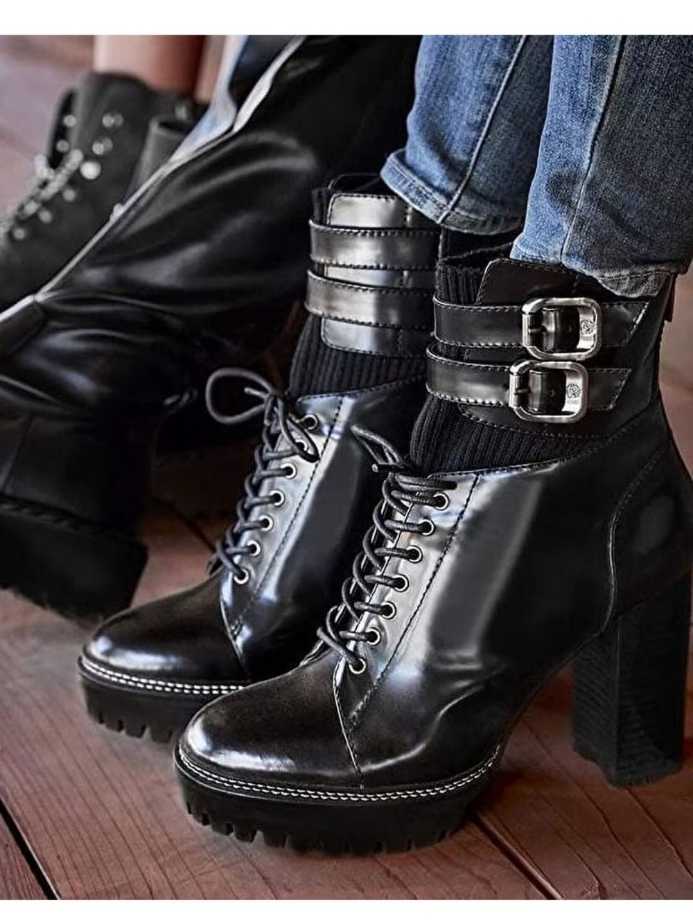 Vince Camuto Everna Heel Lace-Up Ankle Boots with Buckle Straps